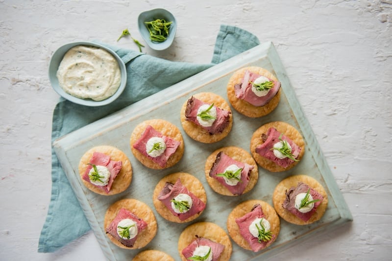 Rare Roast Beef, Horseradish Cream and Tarragon on Pastry Discs with Sour Cream Pastry, Carême Pastry