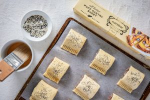 Beef and Caramelised Onion Sausage Rolls made with Carême All Butter Puff Pastry