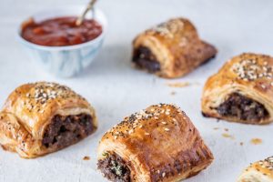 Beef and Caramelised Onion Sausage Rolls made with Carême All Butter Puff Pastry