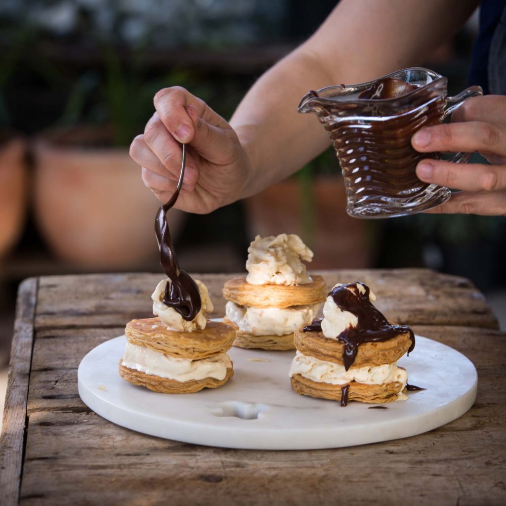 Ice Cream Sandwich Serves: 6 INGREDIENTS 1 x 375g Carême Puff Pastry, defrosted 1 x 500ml tub Maggie Beer Salted Honey & Roasted Almond Ice
