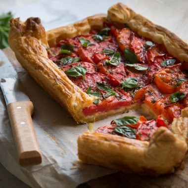 Heirloom varieties of tomato are becoming easier to find, check out your local farmers’ market or independent grocer.  This is a great tart to take to or serve at a BBQ.